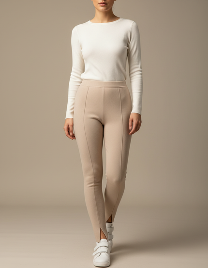 Pantalon Beige Slim Taille Haute Fendu - Maille