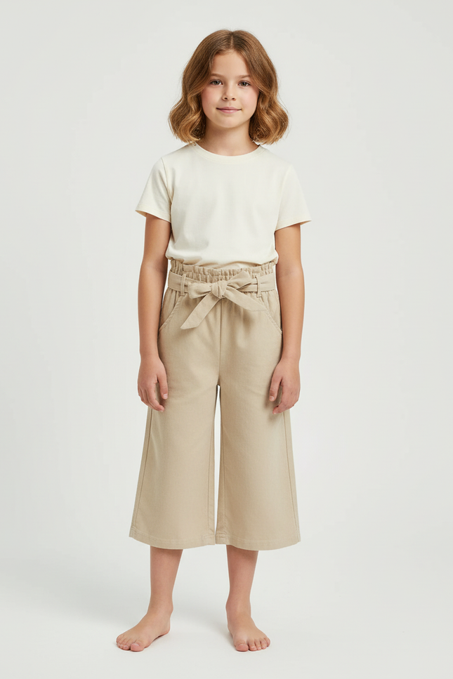 Pantalon Beige Coton Ample Ceinturé Fille