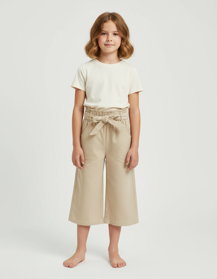 Pantalon Beige Coton Ample Ceinturé Fille