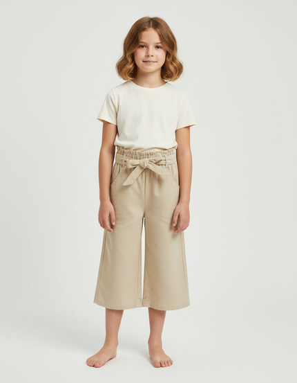 Pantalon Beige Coton Ample Ceinturé Fille