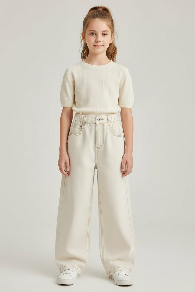 Pantalon Beige Jean Large Décontracté Enfant Fille