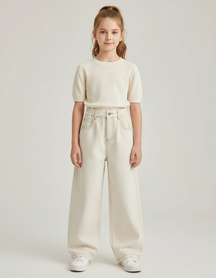 Pantalon Beige Jean Large Décontracté Enfant Fille