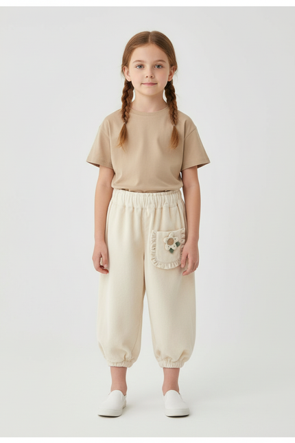 Pantalon Beige Côtelé Fille Ample Décontracté Fleur - Cordé