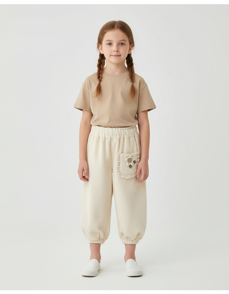 Pantalon Beige Côtelé Fille Ample Décontracté Fleur - Cordé