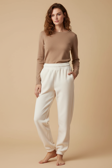 Pantalon Beige Polaire Doux Ample Décontracté Femme - Blanc Molleton
