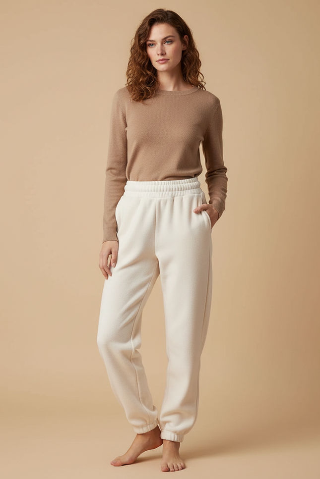 Pantalon Beige Polaire Doux Ample Décontracté Femme - Blanc Molleton
