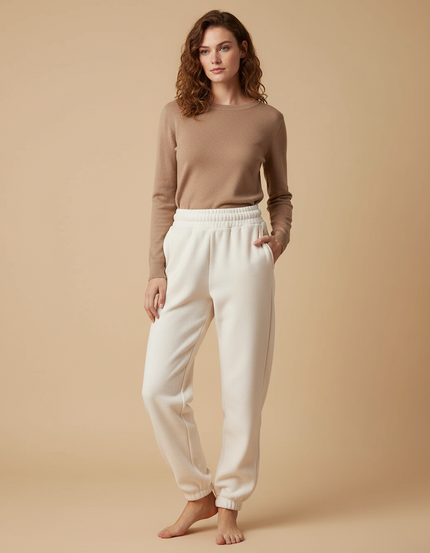 Pantalon Beige Polaire Doux Ample Décontracté Femme - Blanc Molleton