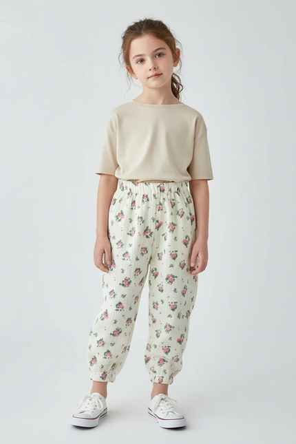 Pantalon Beige Fleuri Ample Coton Mousseline Enfant