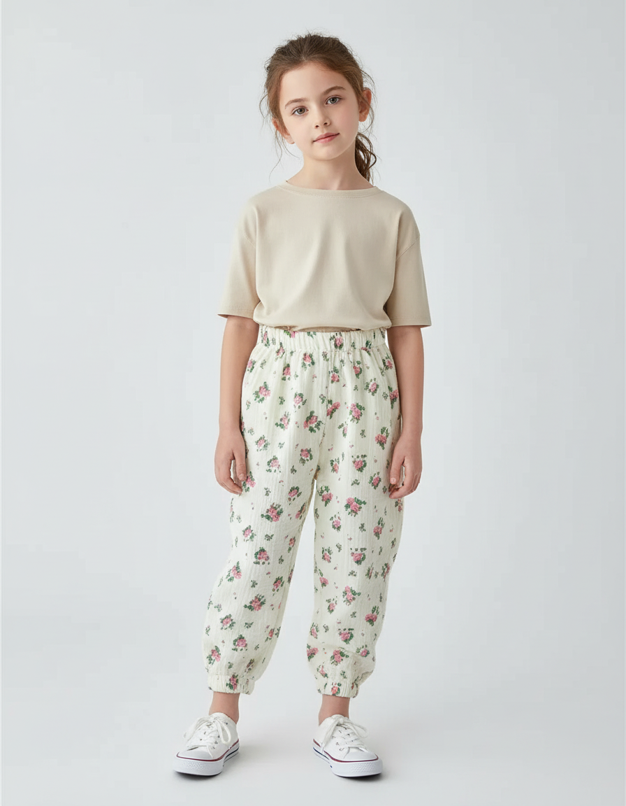 Pantalon Beige Fleuri Ample Coton Mousseline Enfant