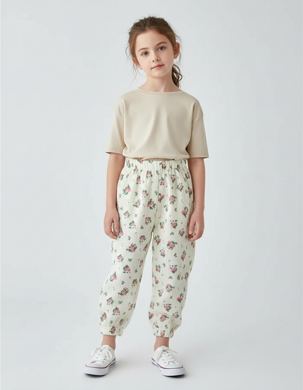 Pantalon Beige Fleuri Ample Coton Mousseline Enfant