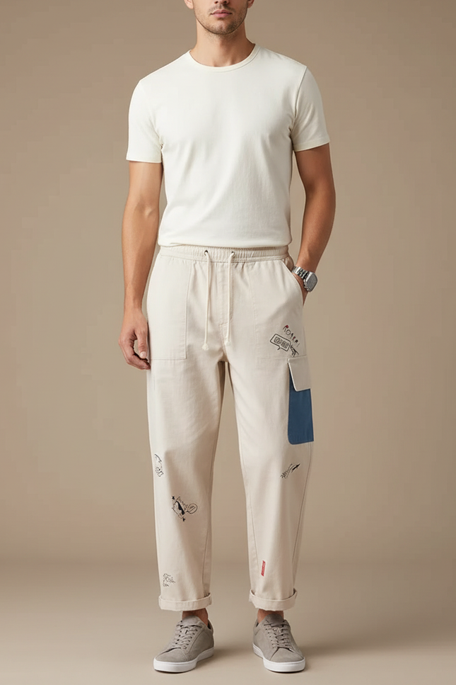 Pantalon Beige Coton Droit Imprimé Décontracté Homme