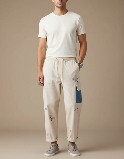 Pantalon Beige Coton Droit Imprimé Décontracté Homme