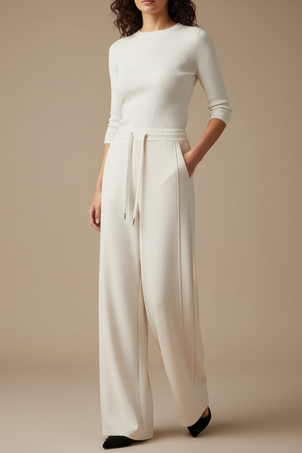 Pantalon Beige Fluide Ample Cordon Élégant - Maille