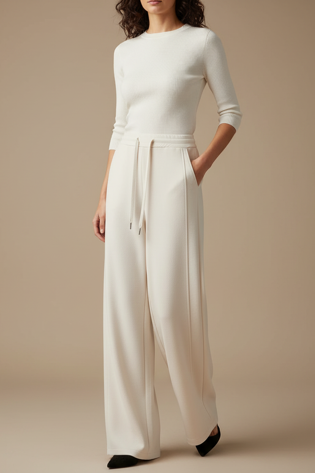 Pantalon Beige Fluide Ample Cordon Élégant - Maille