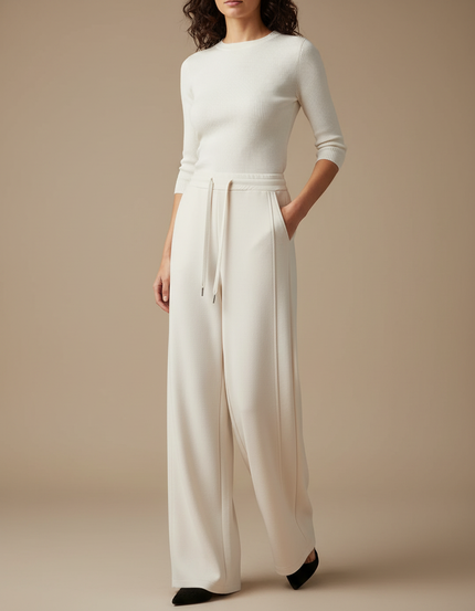 Pantalon Beige Fluide Ample Cordon Élégant - Maille