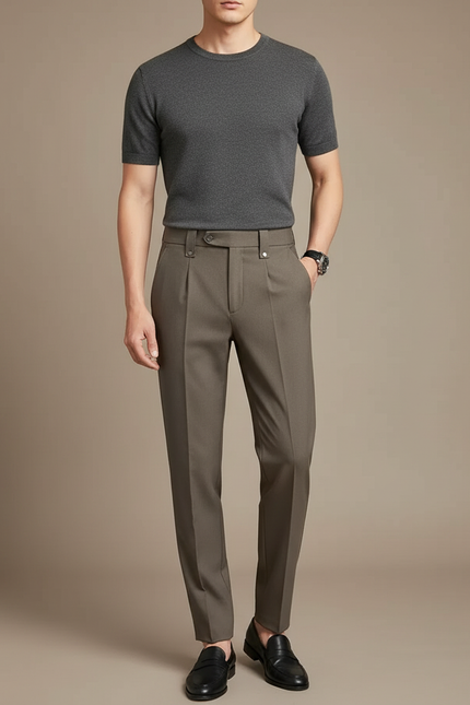 Pantalon Beige Plissé Slim Élégant Décontracté Homme - Kaki Gabardine