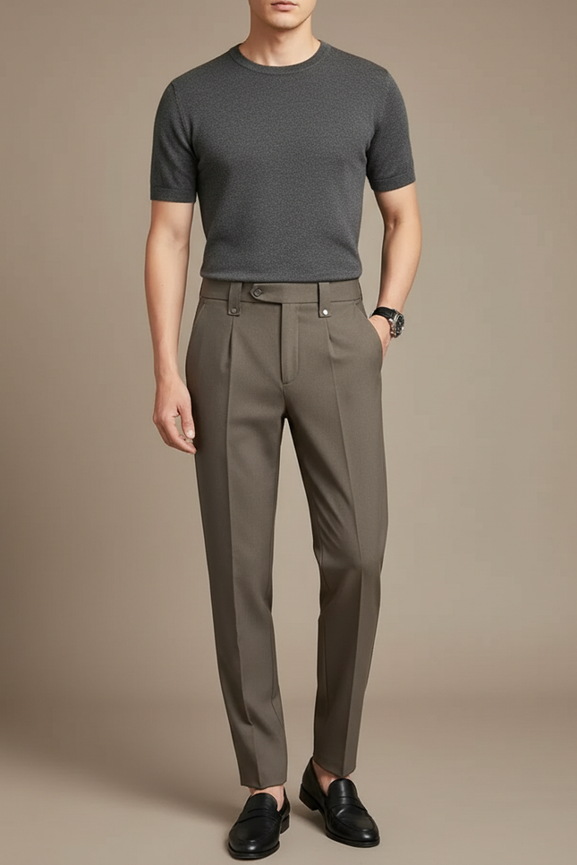 Pantalon Beige Plissé Slim Élégant Décontracté Homme - Kaki Gabardine