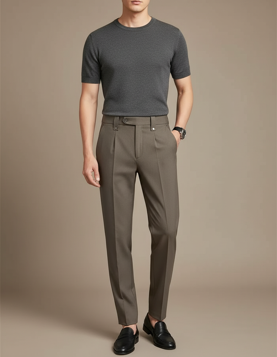 Pantalon Beige Plissé Slim Élégant Décontracté Homme - Kaki Gabardine