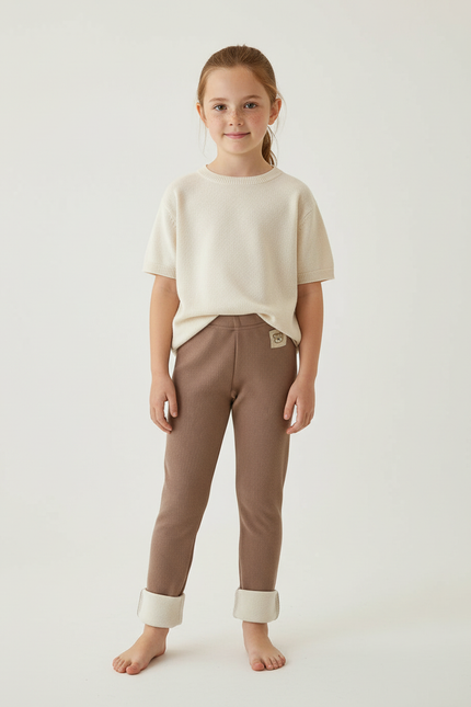 Pantalon Beige Côtelé Doublé Chaud Enfant Élastique - Marron Cordé