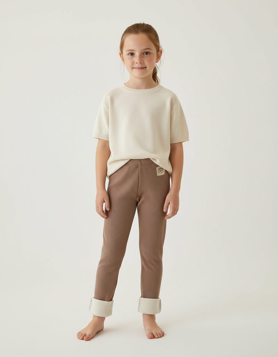 Pantalon Beige Côtelé Doublé Chaud Enfant Élastique - Marron Cordé