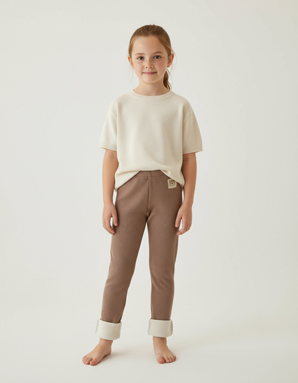 Pantalon Beige Côtelé Doublé Chaud Enfant Élastique - Marron Cordé