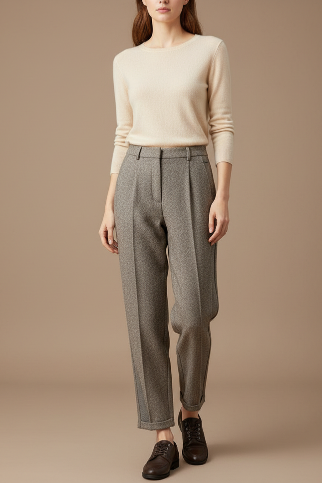 Pantalon Beige Tweed Droit Ample Hiver