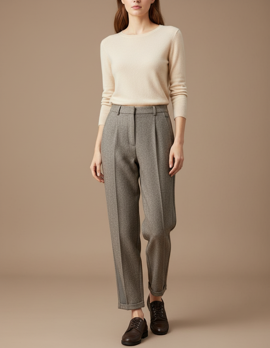 Pantalon Beige Tweed Droit Ample Hiver