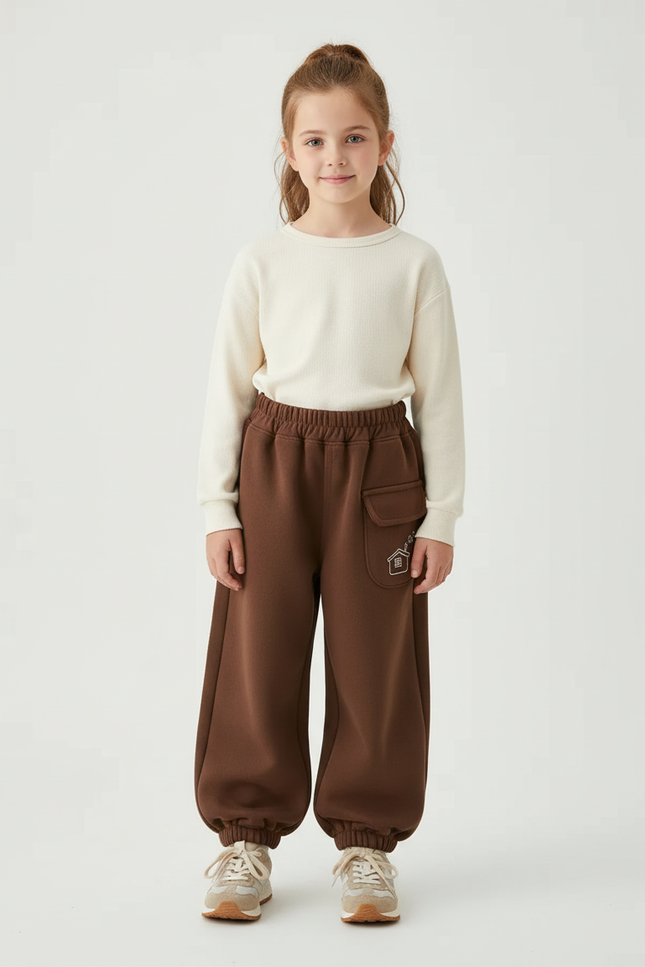 Pantalon Beige Molletonné Ample Décontracté Maison Enfant - Marron