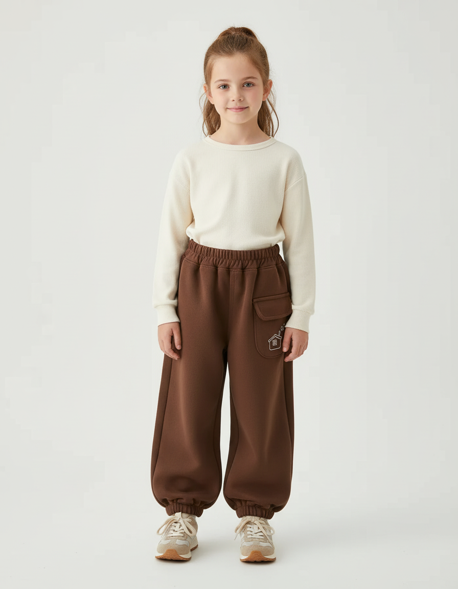Pantalon Beige Molletonné Ample Décontracté Maison Enfant - Marron