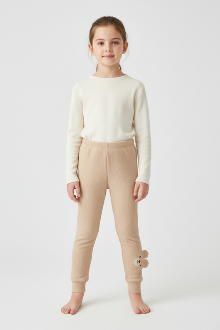 Pantalon Beige Côtelé Élastique Motif Ours Fille - Cordé