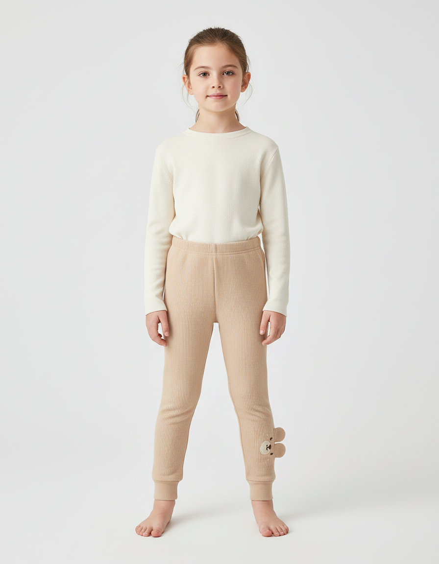 Pantalon Beige Côtelé Élastique Motif Ours Fille - Cordé