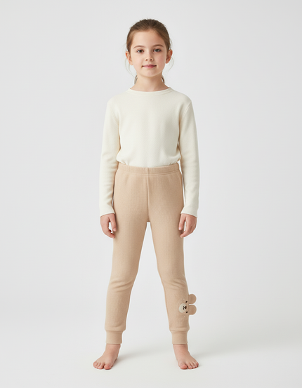 Pantalon Beige Côtelé Élastique Motif Ours Fille - Cordé