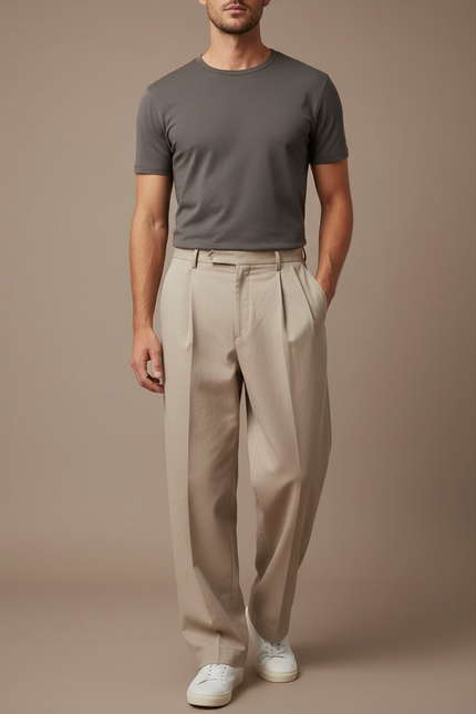 Pantalon Beige Plissé Ample Droit Homme Élégant - Gabardine