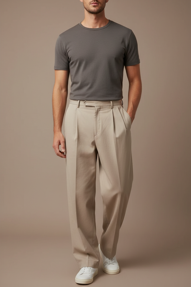 Pantalon Beige Plissé Ample Droit Homme Élégant - Gabardine