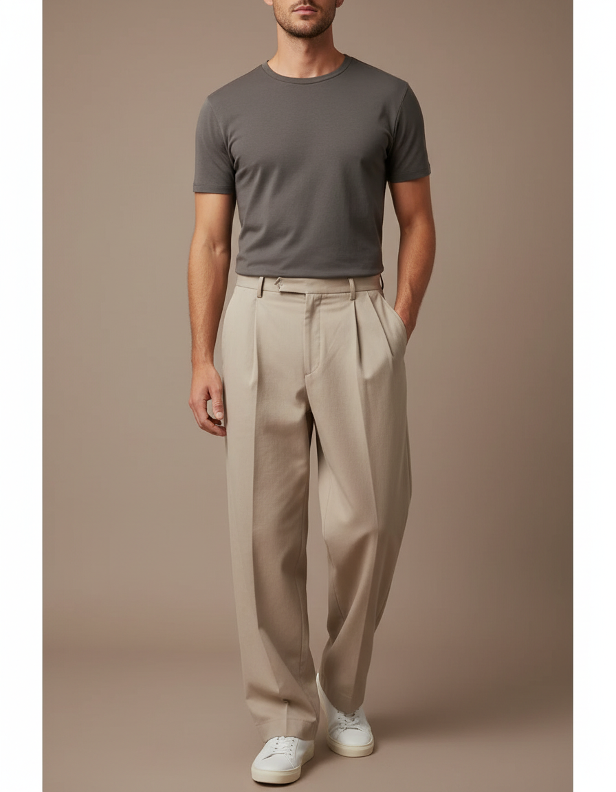 Pantalon Beige Plissé Ample Droit Homme Élégant - Gabardine