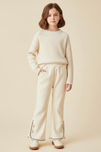 Pantalon Beige Côtelé Évasé Boutons Brodé Enfant - Cordé