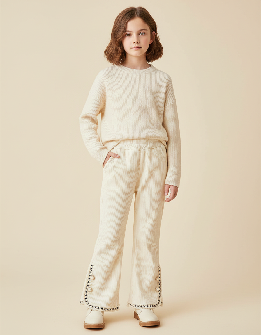 Pantalon Beige Côtelé Évasé Boutons Brodé Enfant - Cordé