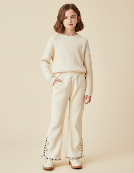 Pantalon Beige Côtelé Évasé Boutons Brodé Enfant - Cordé