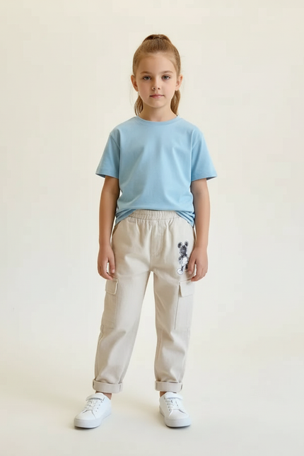 Pantalon Beige Coton Droit Mickey Enfant Fille