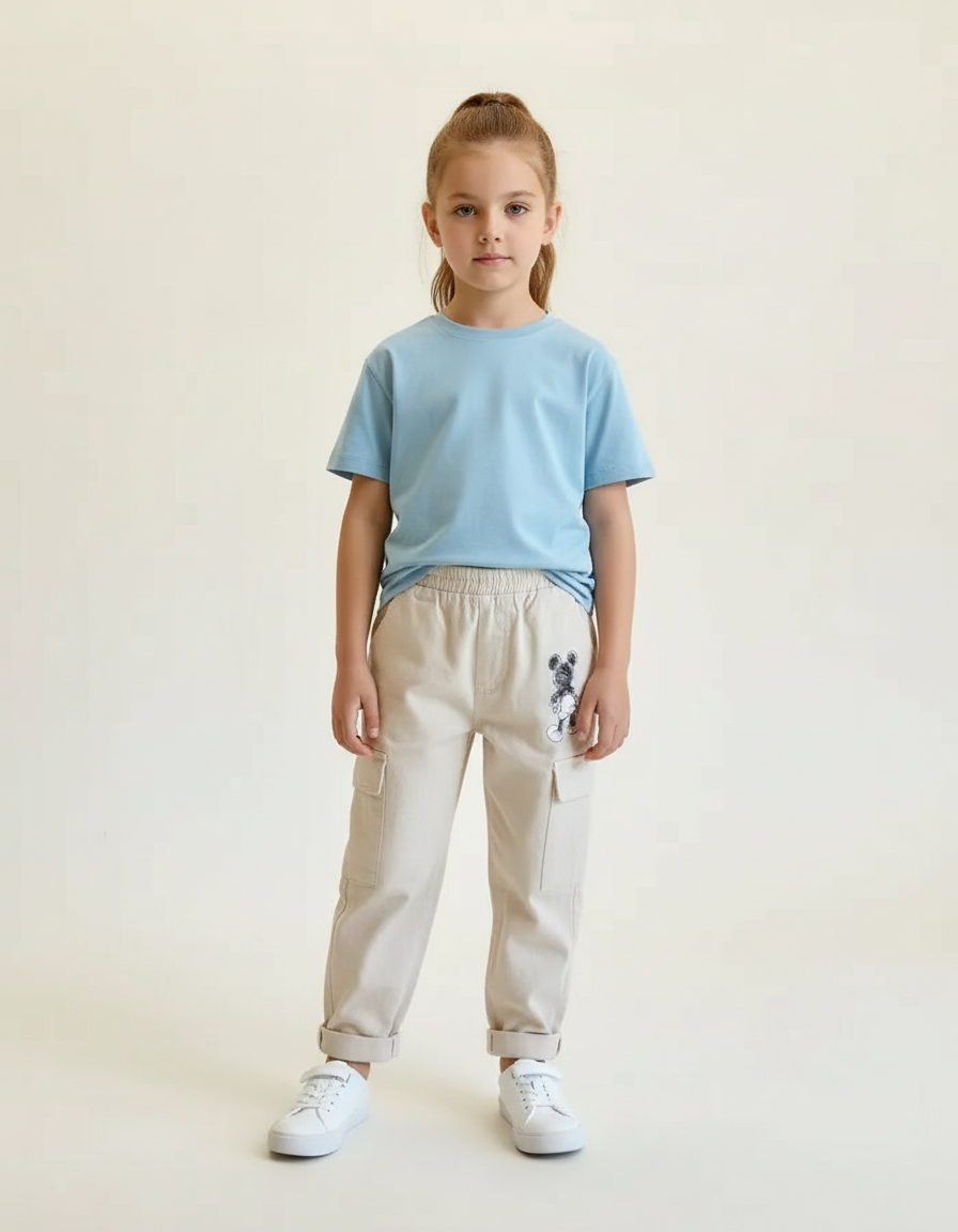 Pantalon Beige Coton Droit Mickey Enfant Fille