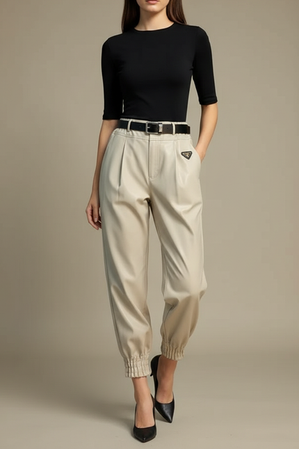 Pantalon Cuir Beige