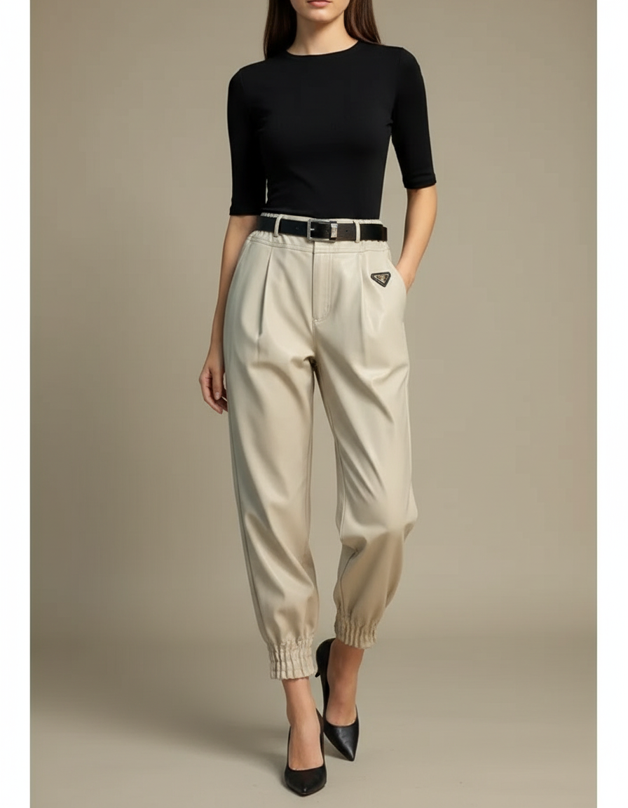 Pantalon Cuir Beige