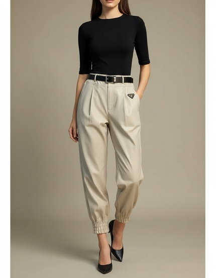 Pantalon Cuir Beige