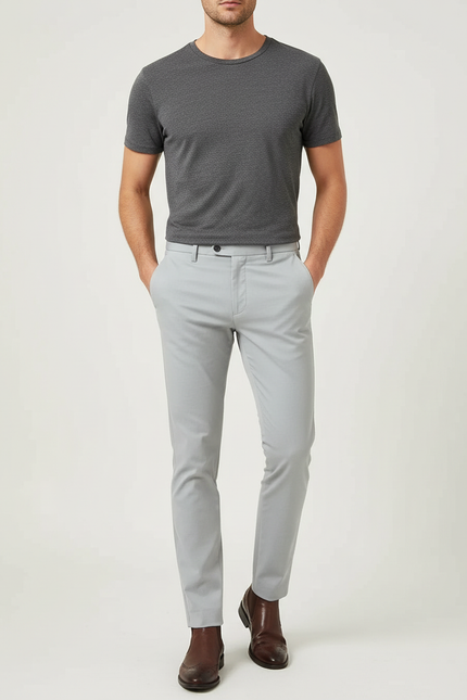 Pantalon Beige Slim Fit Uni Décontracté Coton Homme - Gris