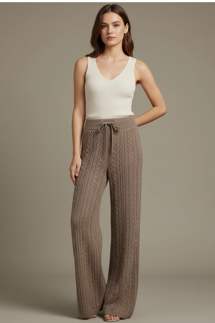 Pantalon Beige Tricoté Câble Ample Confortable Femme - Marron Maille