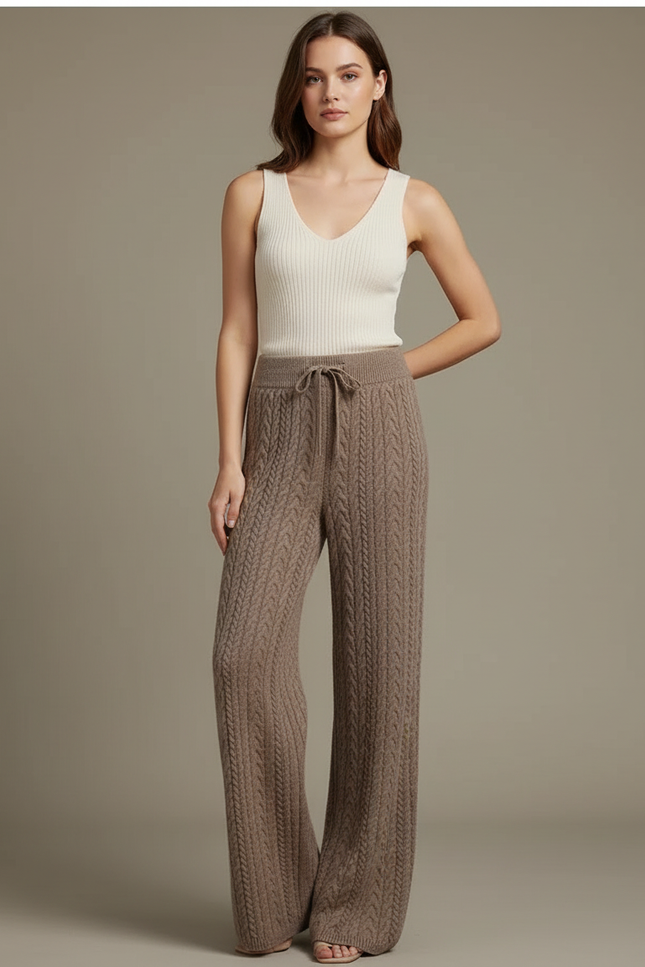 Pantalon Beige Tricoté Câble Ample Confortable Femme - Marron Maille