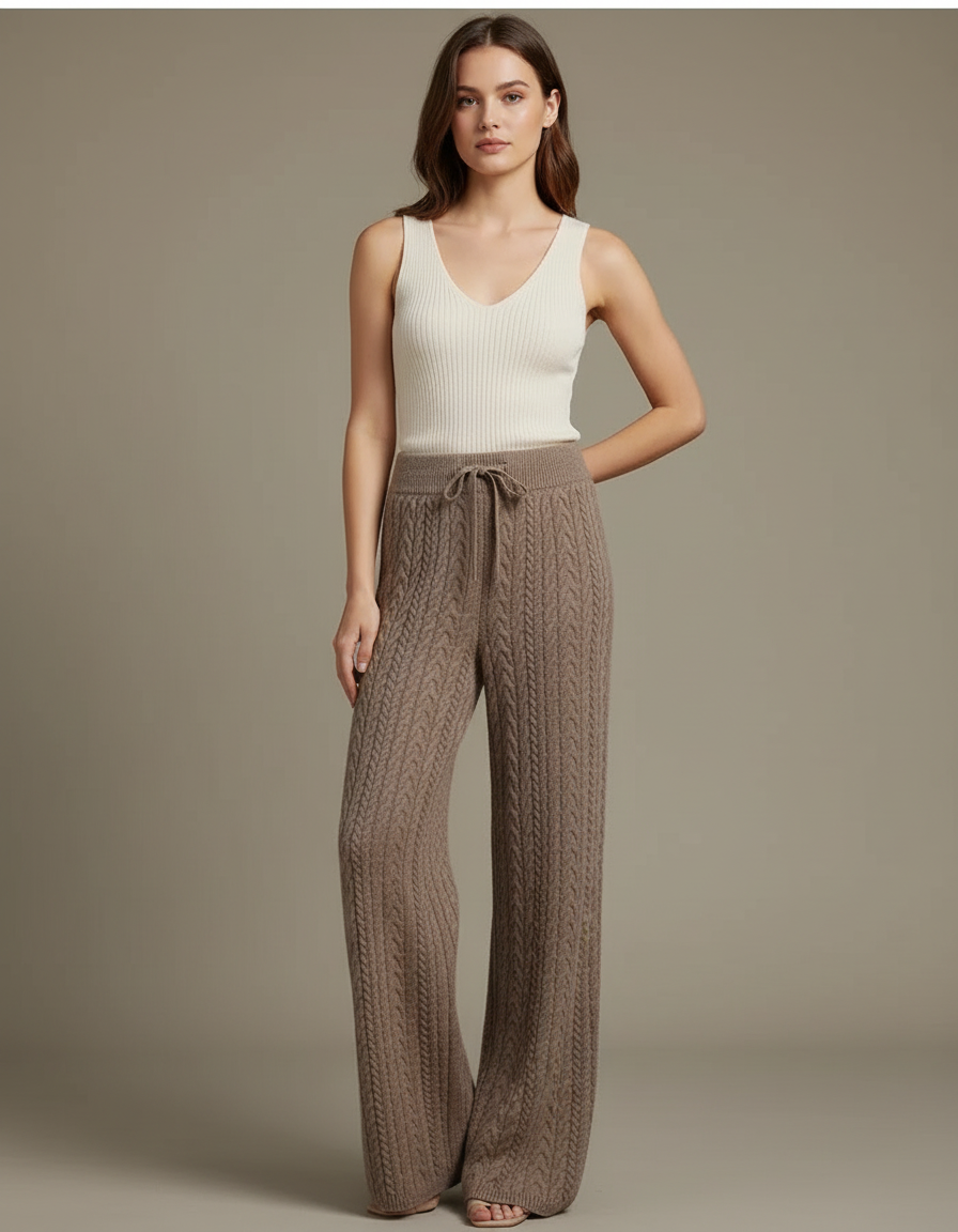 Pantalon Beige Tricoté Câble Ample Confortable Femme - Marron Maille