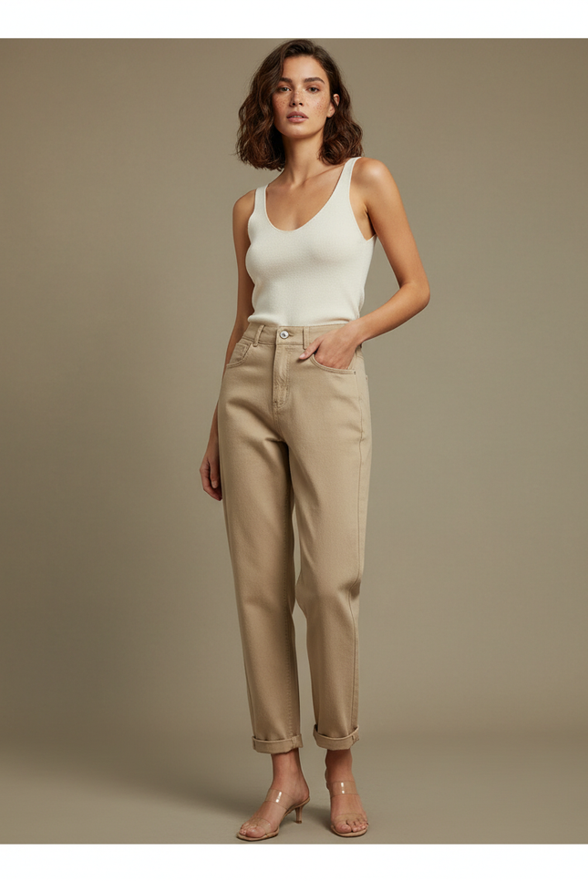 Pantalon Beige Droit Décontracté Taille Haute Femme - Gabardine