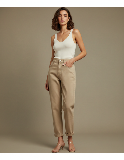 Pantalon Beige Droit Décontracté Taille Haute Femme - Gabardine