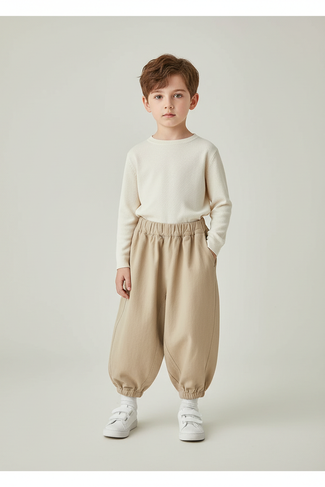 Pantalon Beige Ample Coton Sarouel Décontracté Enfant - Toile